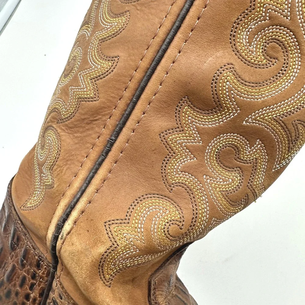 Old West Brown Leather Embroider Caiman Print Western Cowboy Boots Boys Youth 5D